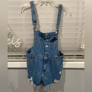 Denim overalls distressed ripped medium wash